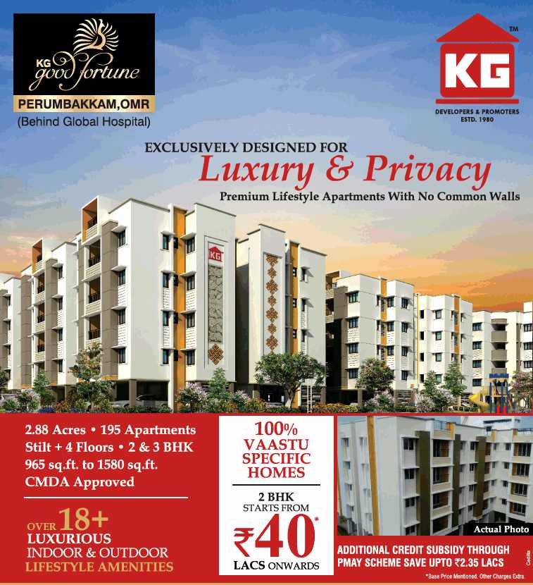 Live in premium lifestyle apartments with no common walls at KG Good Fortune in Chennai Update